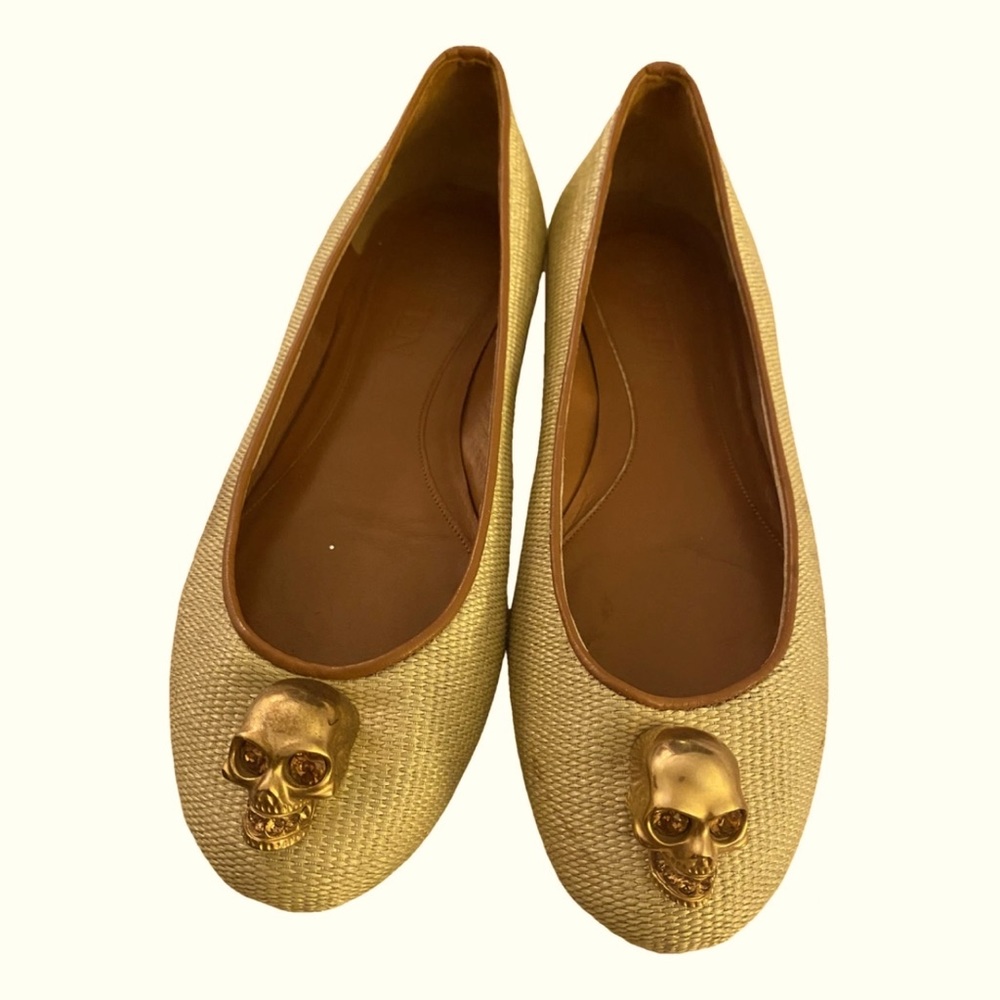 Alexander McQueen Tan Flats with Gold Skull Accent